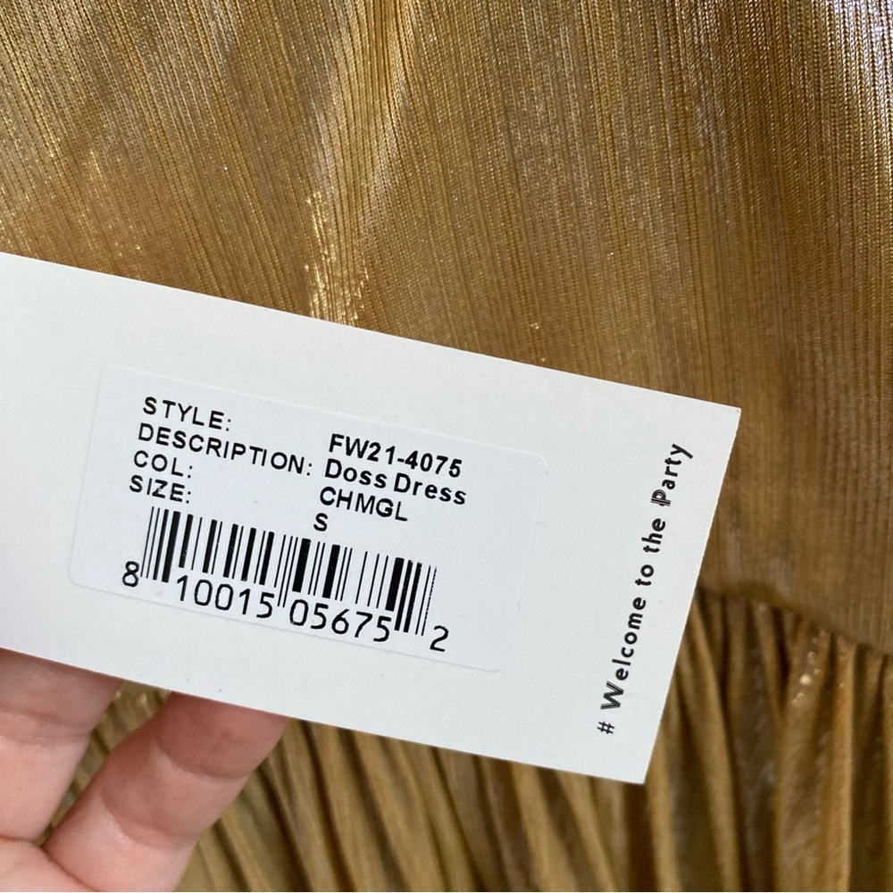 Retrofete Doss Dress Gold Metallic Ruched V-Neck Gown with Thigh Slit - Picture 10 of 10